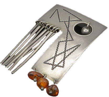 925 Sterling Silver  Vintage Modernist Dangling Amber Brooch Pin  BP8307