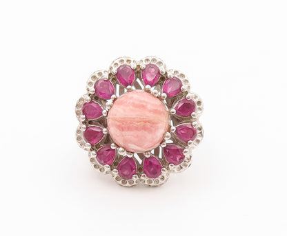 925 Sterling Silver Vintage Ring Drop Cut CZ & Rhodochrosite Flower Sz 5 RG32226