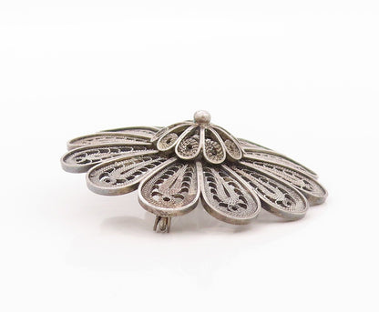 925 Sterling Silver Vintage Brooch Pin ISRAEL Dark Tone Filigree Flower  BP11566