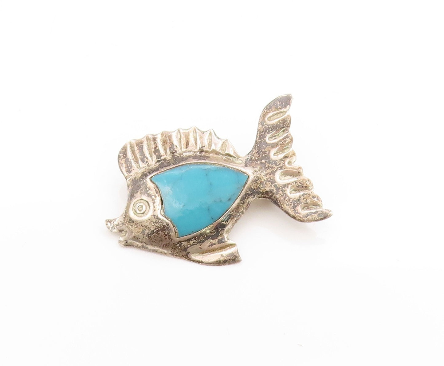 925 Sterling Silver Vintage Brooch MEXICO Turquoise Inlay Etched Fish  BP11852