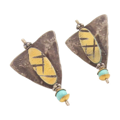 925 Sterling Silver Vintage Earrings Turquoise Modernist Geometric Drop  EG14073