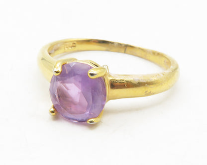 925 Sterling Silver  Amethyst Gold Plated Shiny Solitaire Ring Sz 6  RG11774