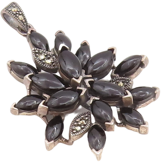 925 Sterling Silver Vintage Pendant Cabochon Onyx & Marcasite Flower  PT23409