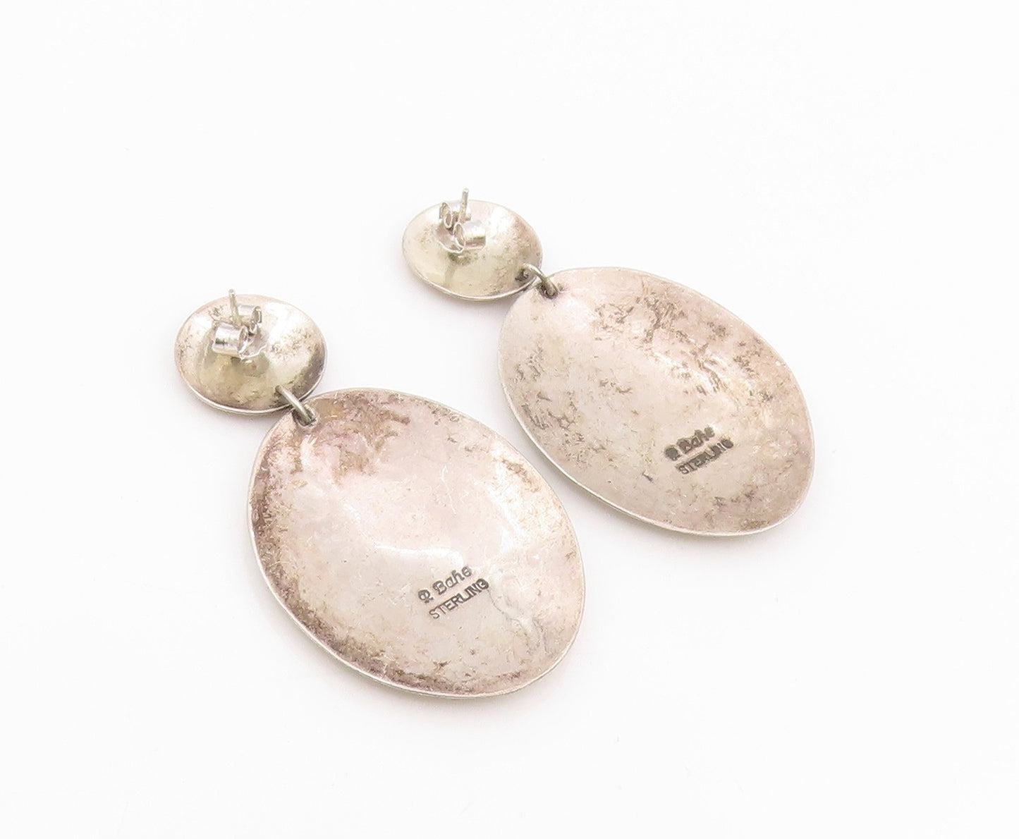 925 Sterling Silver Vintage Earrings BAHE NAVAJO Etched Concho Drop  EG14184