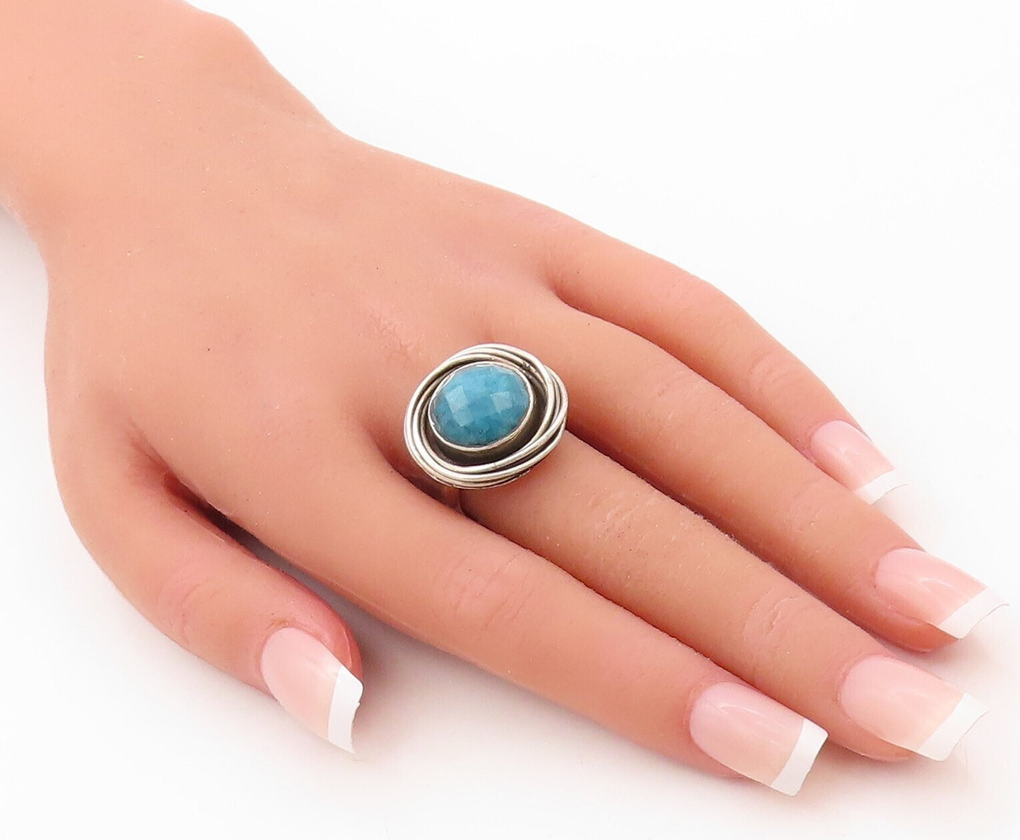 925 Sterling Silver Vintage Ring Designer Carved Round Gemstone  Sz 7  RG30692