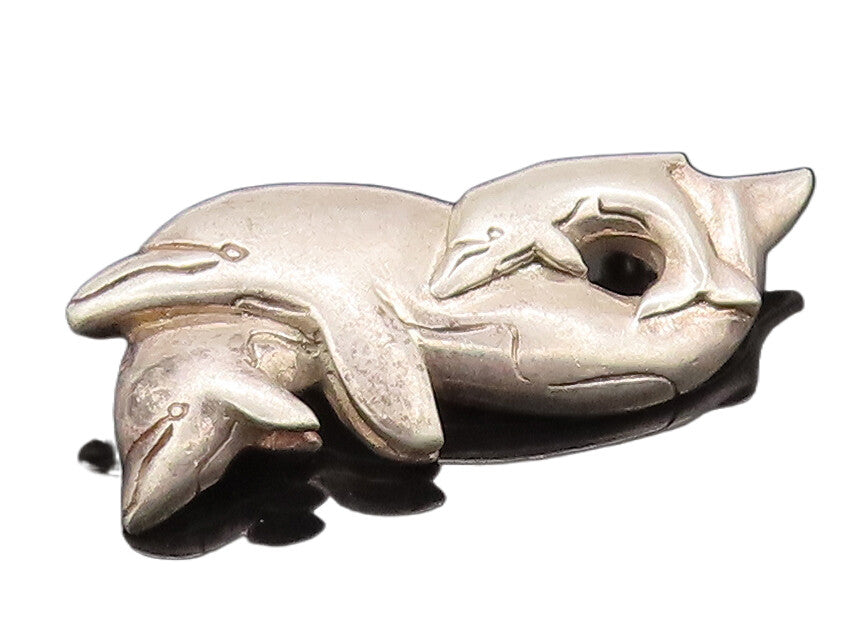 925 Sterling Silver Vintage Brooch Pin Carved Swimming Dolphin's Family  BP10609