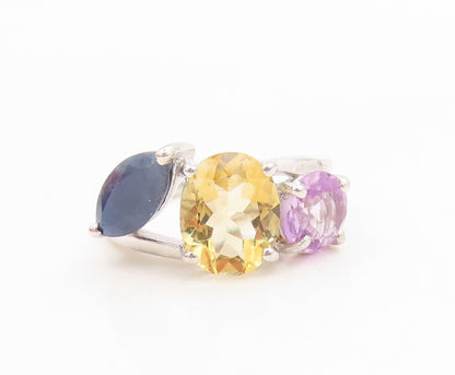 925 Sterling Silver Vintage Ring Modernist Multi Gemstone Band  Sz 7  RG36171