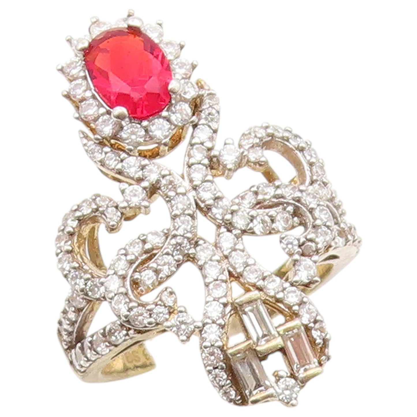 925 Sterling Silver Vintage Ring Gold Plated Ruby & CZ Openwork  Sz 7  RG36780