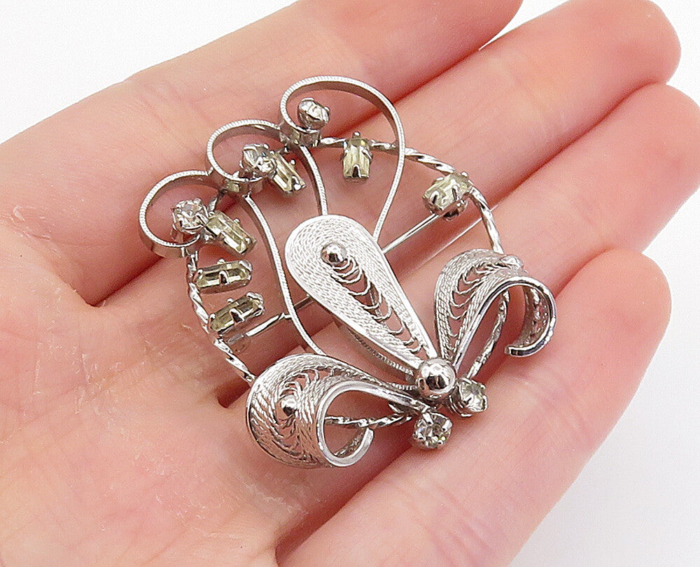 ESPO 925 Sterling Silver  Vintage Topaz Filigree Flower Brooch Pin  BP2827