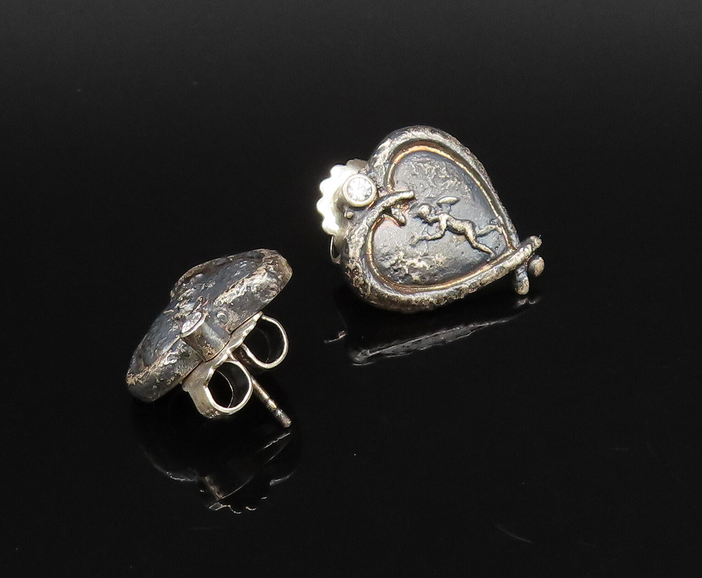 DESIGNER 925 Silver  Vintage Carved Figure Heart Shaped Topaz Earrings EG12187