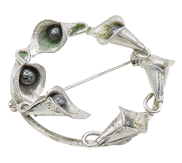 WELLS 925 Silver  Vintage Shiny Hematite Floral Wreath Brooch Pin  BP8444