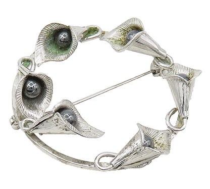 WELLS 925 Silver  Vintage Shiny Hematite Floral Wreath Brooch Pin  BP8444