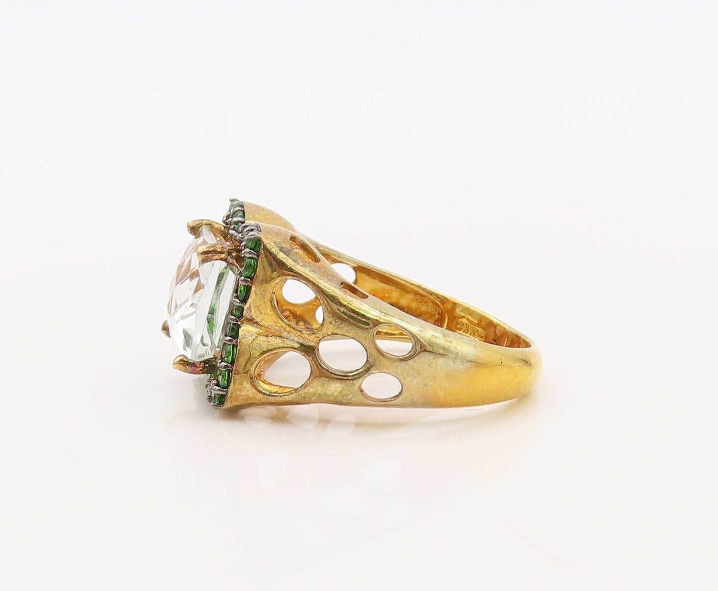 925 Sterling Silver Vintage Ring Gold Plated White  & Green Topaz  Sz 7  RG30632