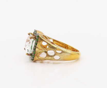 925 Sterling Silver Vintage Ring Gold Plated White  & Green Topaz  Sz 7  RG30632