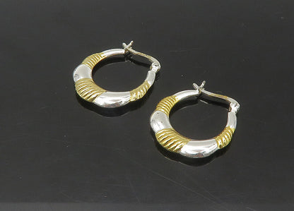 925 Sterling Silver  Vintage Shiny 2 Tone Fluted Detail Hoop Earrings EG10875
