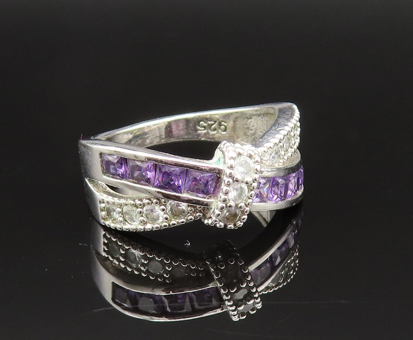 925 Silver  Vintage Amethyst & Topaz Tied Crisscross Band Ring Sz 7  RG25495