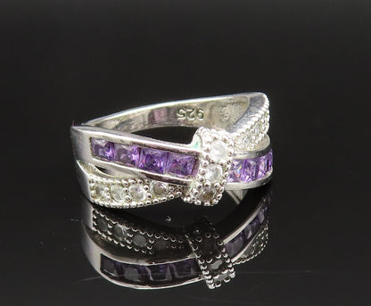925 Silver  Vintage Amethyst & Topaz Tied Crisscross Band Ring Sz 7  RG25495