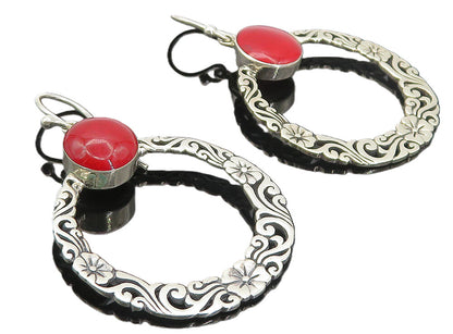 925 Sterling Silver Cabochon Cut Coral Floral Round Drop Earrings EG2983