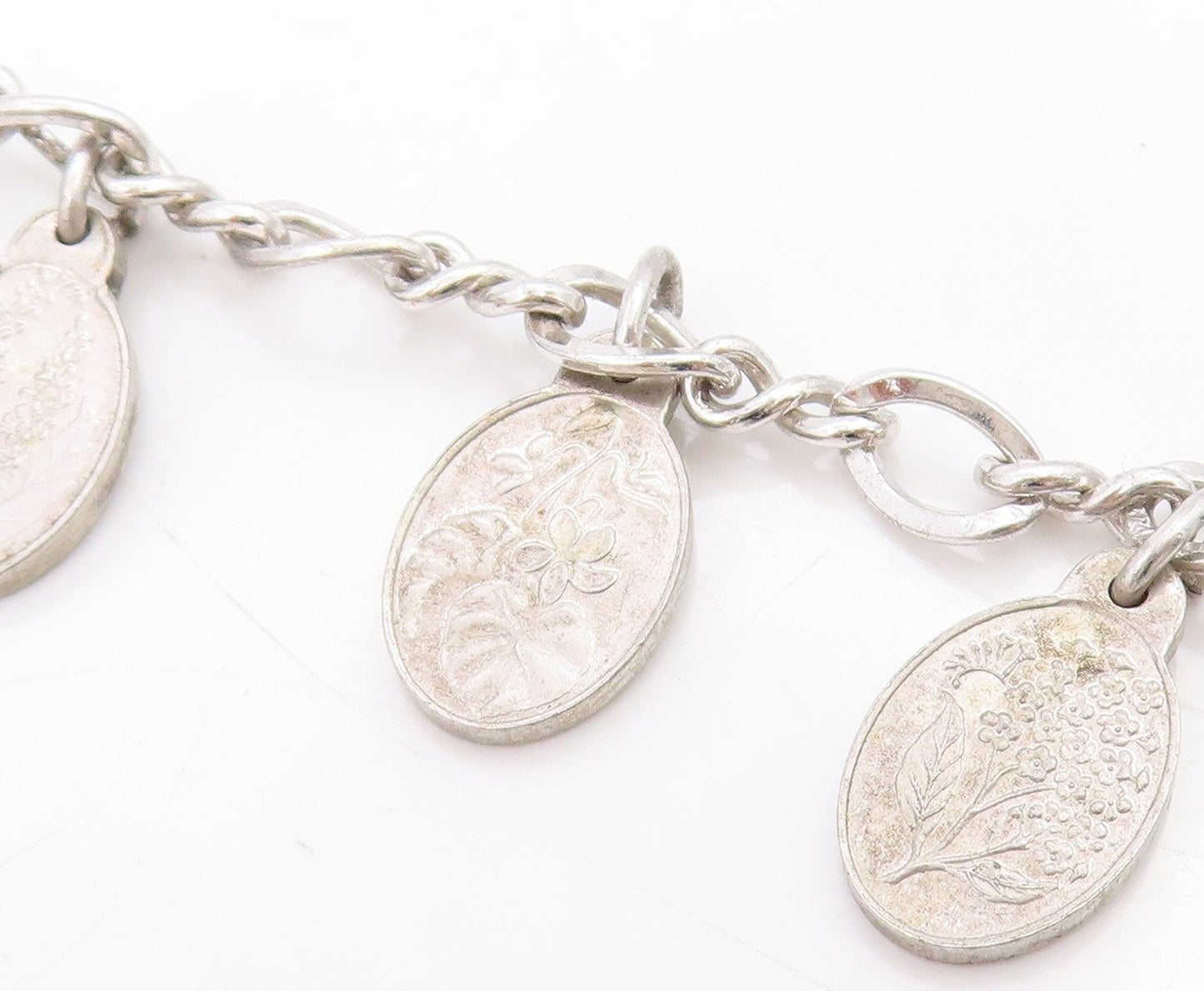 925 Sterling Silver Vintage Bracelet Seven Flowers of Love Oval Charm  BT11711
