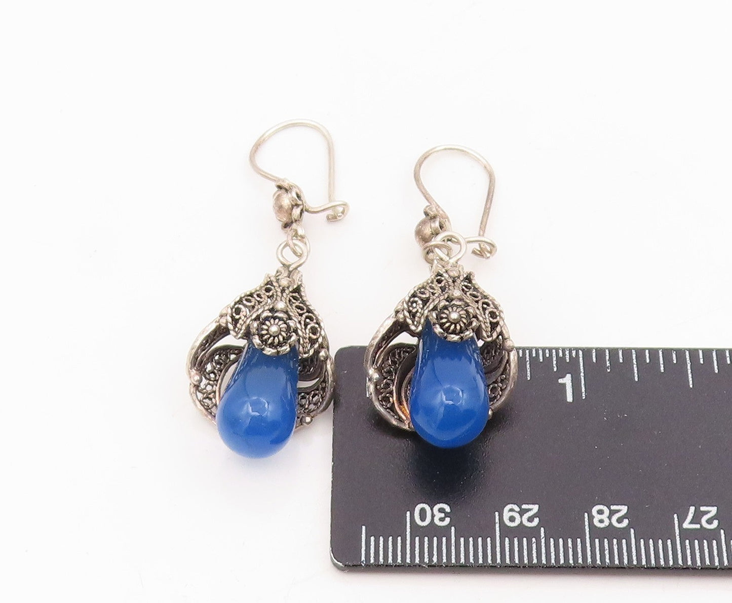 925 Sterling Silver Vintage Earrings Blue Beaded Bohemian Floral Dangle  EG13909