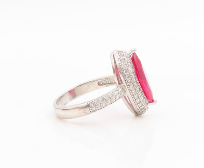 925 Sterling Silver Vintage Ring Marquise Ruby Halo CZ Statement  Sz 7  RG34875