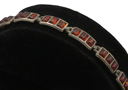 925 Sterling Silver  Vintage Amber Dark Tone Bar Link Chain Bracelet  BT8773