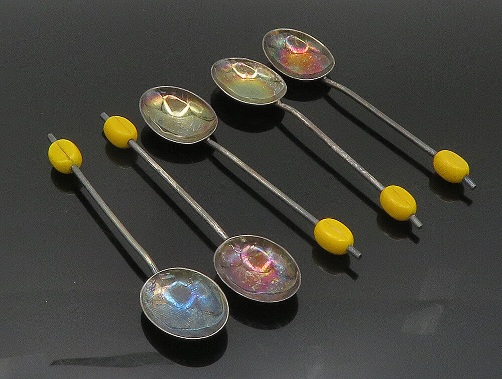ENGLAND 925 Silver  Vintage Five Piece Yellow Enamel Rainbow Spoon Set  TR3312
