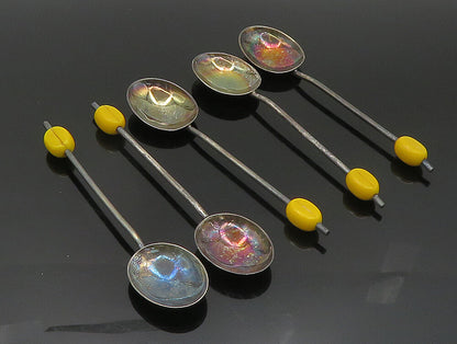 ENGLAND 925 Silver  Vintage Five Piece Yellow Enamel Rainbow Spoon Set  TR3312