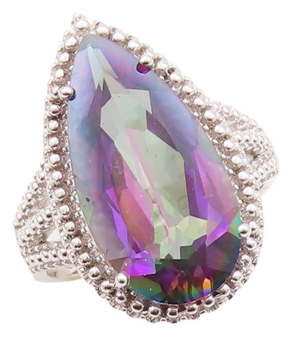 925 Sterling Silver Vintage Ring Drop Cut Mystic Topaz Carved  Sz 7.5  RG30014