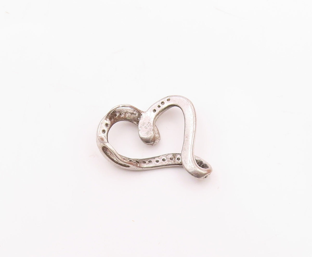 925 Sterling Silver  Vintage Genuine Diamonds Open Love Heart Pendant  PT17763