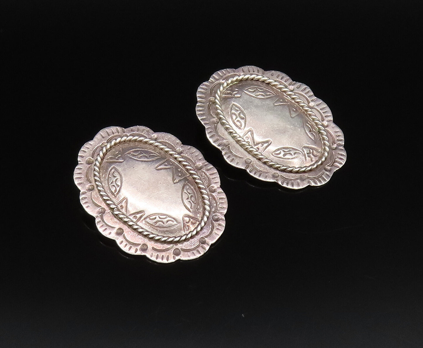 925 Silver  Vintage Etched & Rope Twist Floral Clip Back Earrings  EG12210