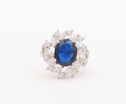 925 Sterling Silver Vintage Ring Sapphire Marquise Cut CZ Flower  Sz 8  RG29536