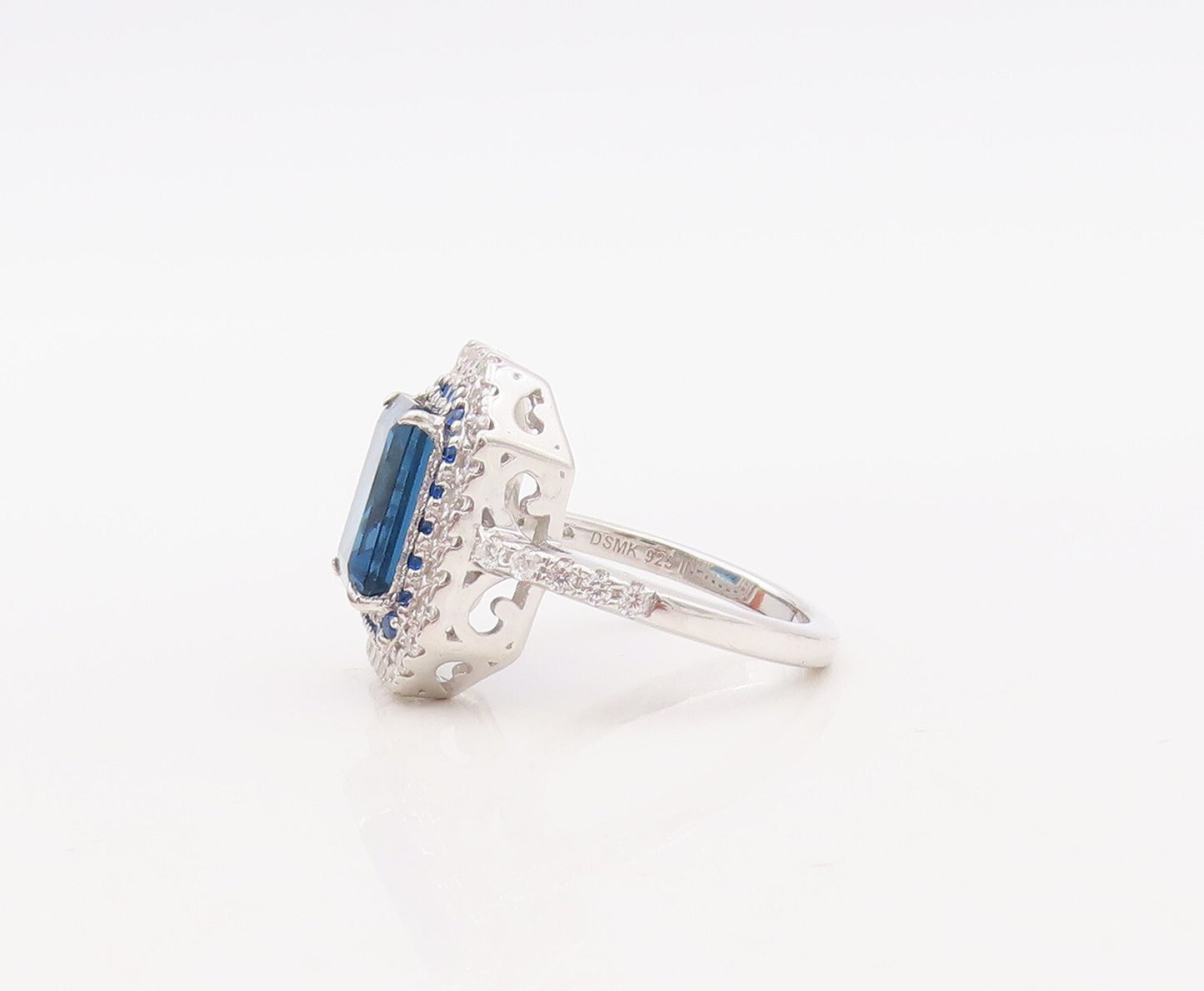 925 Sterling Silver Vintage Ring Designer Rectangle Sapphire & CZ  Sz 7  RG30662