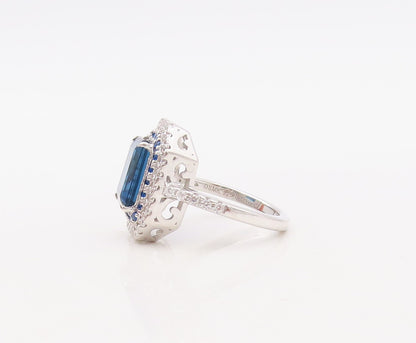 925 Sterling Silver Vintage Ring Designer Rectangle Sapphire & CZ  Sz 7  RG30662