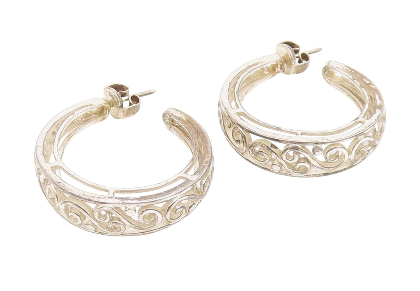 925 Sterling Silver Vintage Earrings Classic Intricate Scrollwork Hoops  EG13808