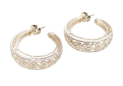 925 Sterling Silver Vintage Earrings Classic Intricate Scrollwork Hoops  EG13808
