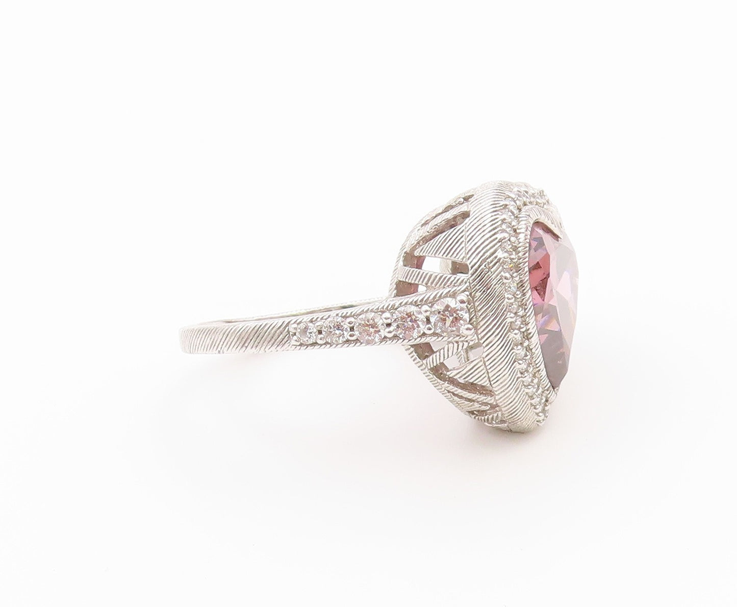 925 Sterling Silver Vintage Ring JUDITH RIPKA Pink CZ Love Heart  Sz 11  RG36588