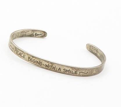925 Sterling Silver  Vintage Peace Begins With A Smile Cuff Bracelet  BT5895
