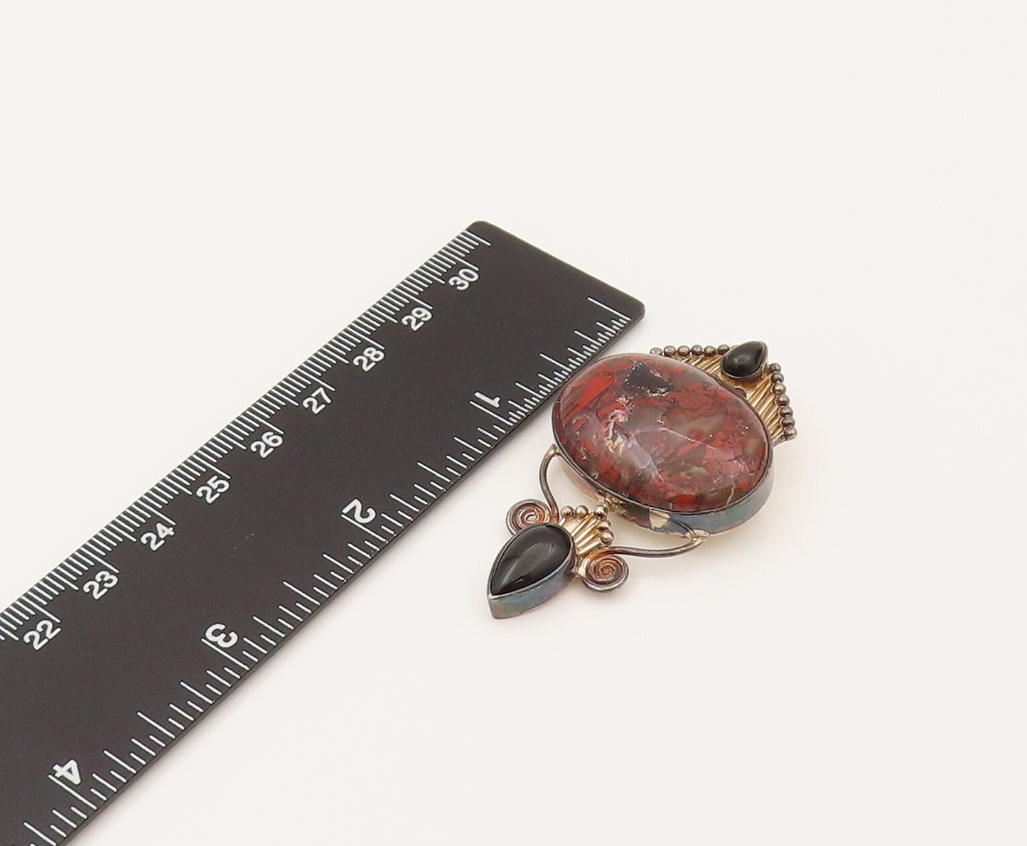 SAJEN 925 Silver  Vintage Brecciated Jasper & Black Onyx Brooch Pin  BP10226