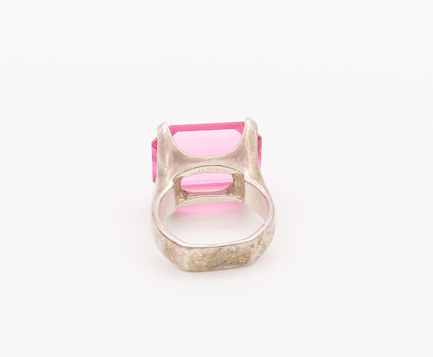 925 Sterling Silver Vintage Ring Large Rectangle Cut Pink CZ  Sz 5.5  RG28305