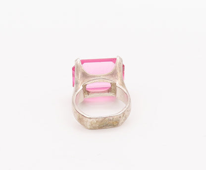 925 Sterling Silver Vintage Ring Large Rectangle Cut Pink CZ  Sz 5.5  RG28305