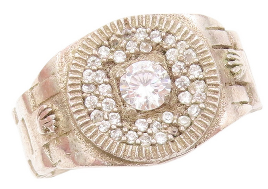 925 Sterling Silver Vintage Ring Designer CZ Watch Belt Carved  Sz 10.5  RG31814