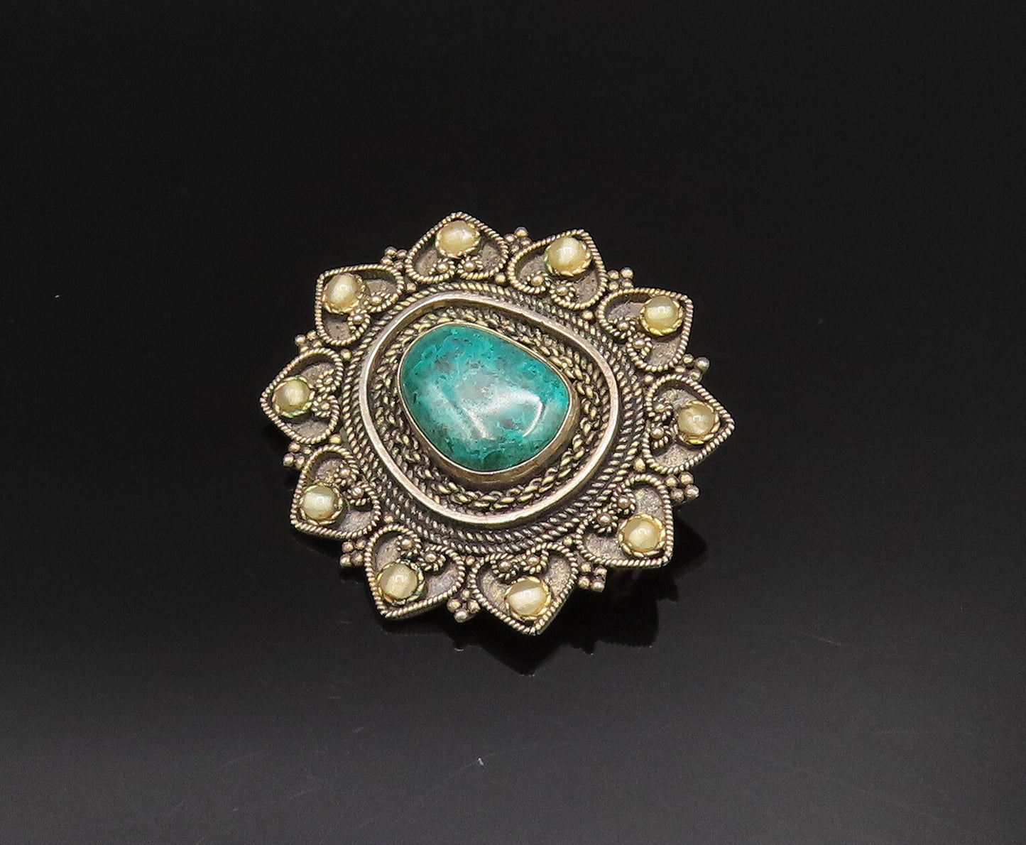 ISRAEL 925 Silver  Vintage Beaded & Twisted Rope Chrysocolla Brooch Pin BP9933