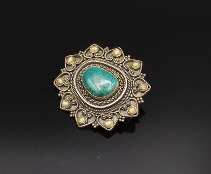ISRAEL 925 Silver  Vintage Beaded & Twisted Rope Chrysocolla Brooch Pin BP9933
