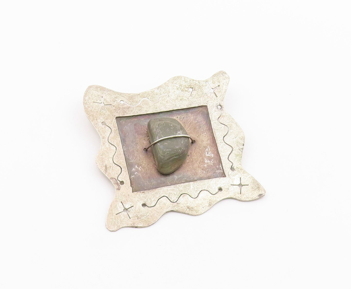 J. BENINATO 925 Silver  Vintage Wire Wrapped Stone Framed Brooch Pin  BP3668