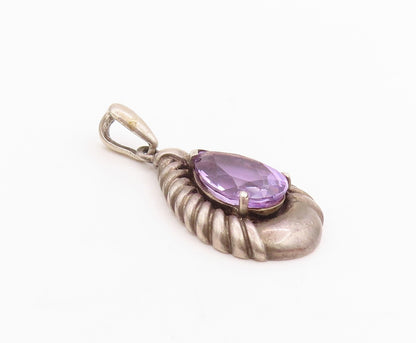 925 Sterling Silver Vintage Pendant Dark Tone Framed Drop Cut Amethyst  PT24555