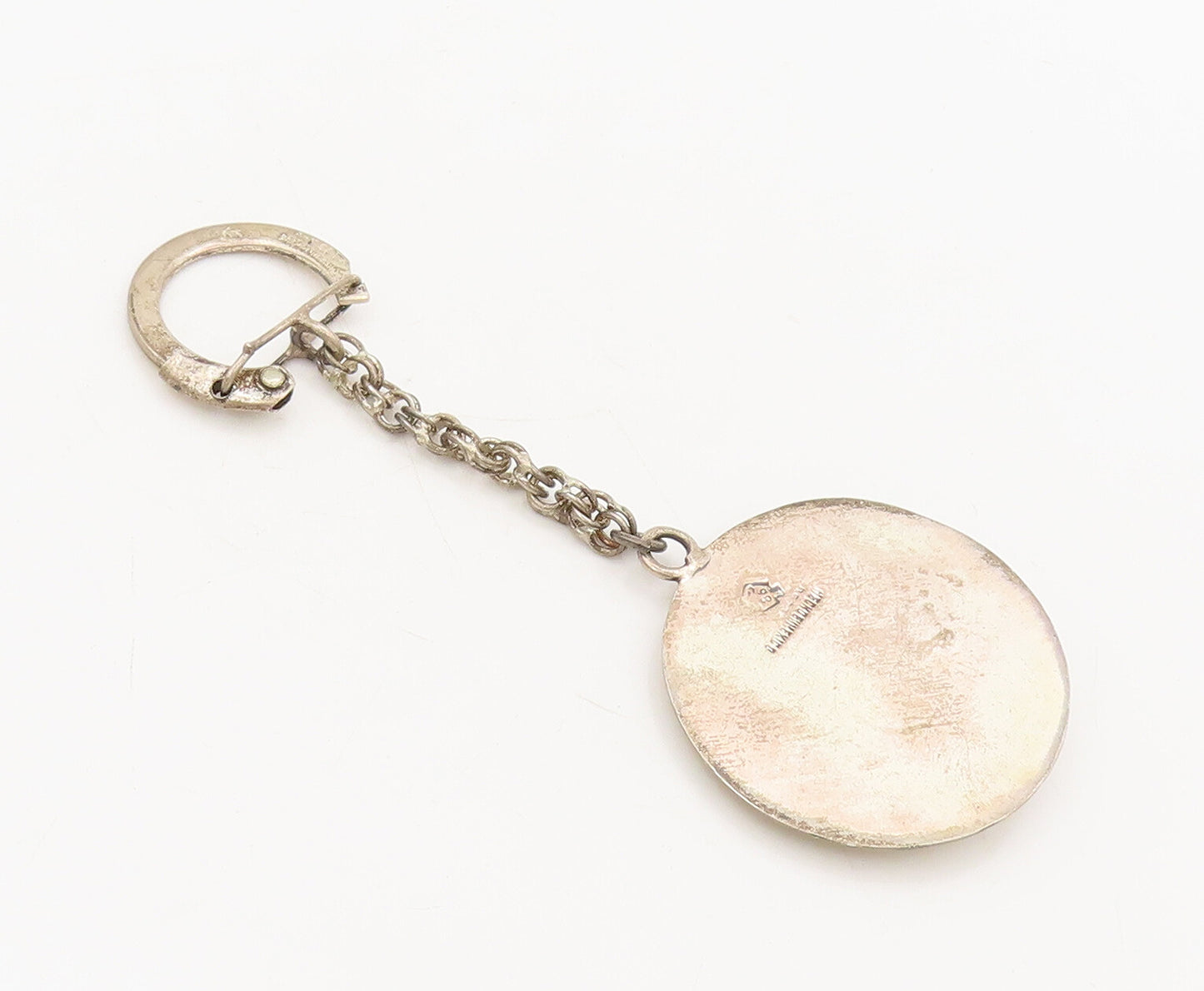 MEXICO 925 Silver  Vintage Aztec Round Carved Sun Calendar Keychain  TR3664