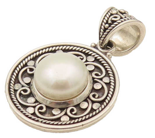 BALI 925 Silver  Vintage Swirl Flower & Freshwater Pearl Pendant  PT21966