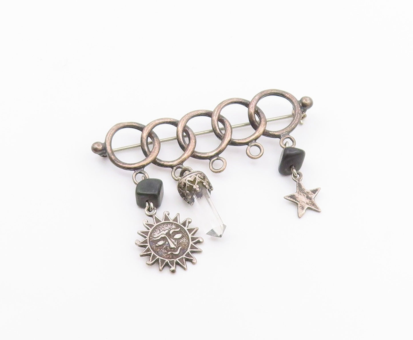 925 Sterling Silver  Vintage Black Onyx & Topaz Wand Charmed Brooch Pin BP6125