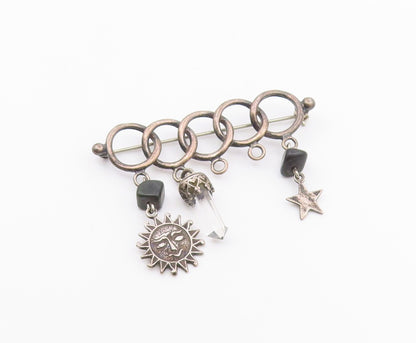 925 Sterling Silver  Vintage Black Onyx & Topaz Wand Charmed Brooch Pin BP6125